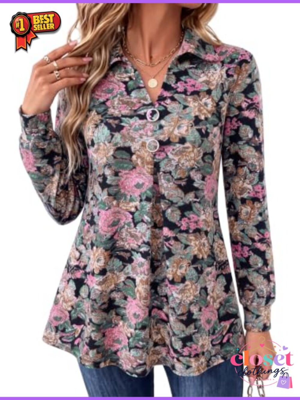 Womens Long Sleeve V Neck Tunic Blouse with Buttons Flowy Pullover Top